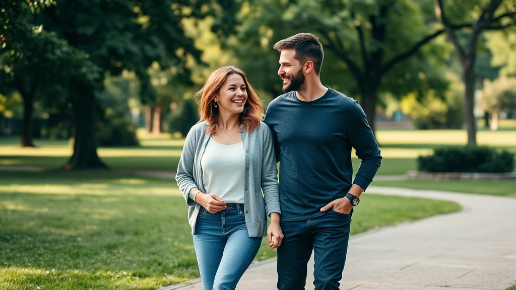Woman and man walking together in park, active movement, genuine happiness, nature background, daytime