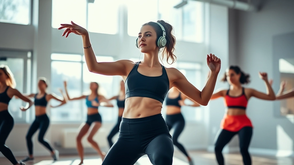 Woman in athletic wear performing a dance fitness class in a bright, modern studio with natural light streaming through large windows, showing confident movement and energy, wearing headphones