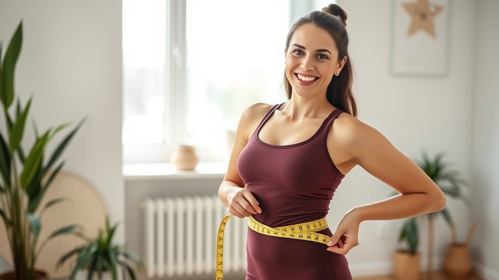 Woman measuring waist with tape measure, smiling confidently, bright natural lighting, modern wellness setting, healthy lifestyle concept