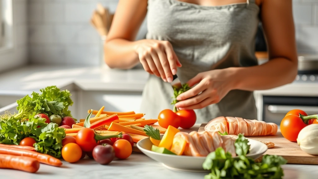 Woman preparing colorful fresh vegetables and lean protein on a kitchen counter, natural lighting, healthy meal preparation scene