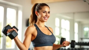 Woman in athletic wear performing strength training with dumbbells in a bright, modern home gym, smiling with confidence and determination, natural sunlight streaming through windows, focused expression during resistance exercise