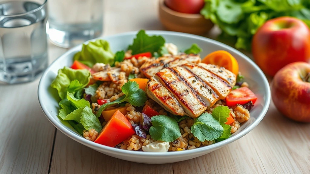 Colorful bowl of fresh salad with grilled chicken, mixed vegetables, and whole grain, served on a light wooden table with glass of water and fresh fruit nearby, healthy meal preparation photography