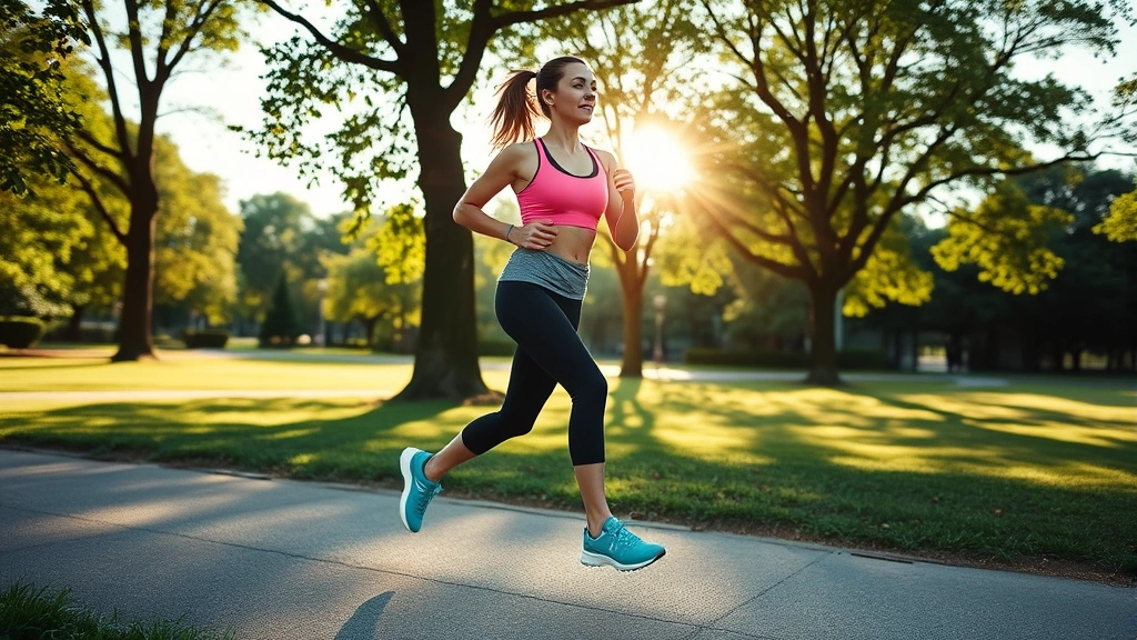 Woman jogging outdoors on sunny morning, athletic wear, trees and park setting, energetic movement, healthy lifestyle in progress
