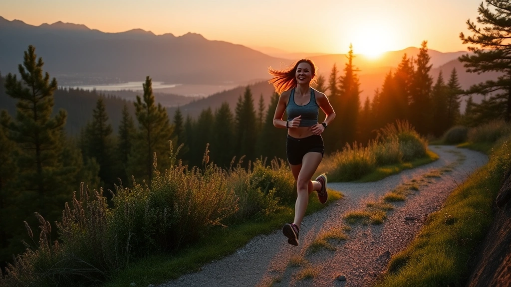 Woman jogging on scenic outdoor trail at sunrise with trees and mountains, athletic build, confident posture, natural morning light, peaceful countryside setting