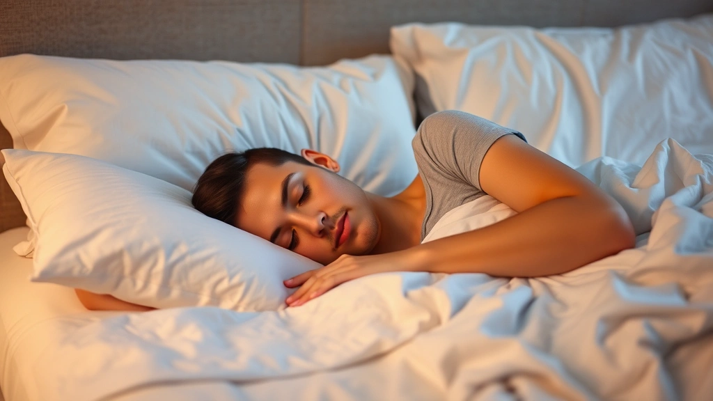 Individual sleeping peacefully in comfortable bed with soft lighting, demonstrating quality sleep and wellness