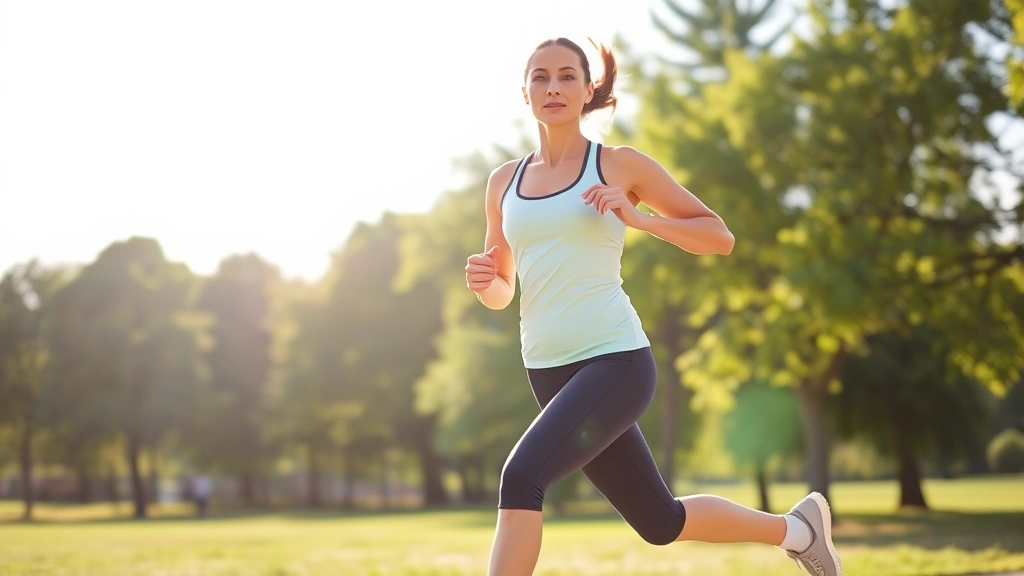 Woman jogging outdoors on a sunny day wearing comfortable athletic clothing, passing through a park with green trees, energetic movement captured mid-stride, bright natural lighting showing health and vitality