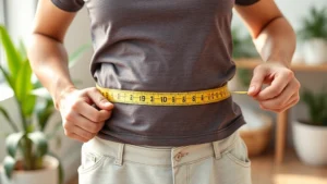 Person measuring waist with tape measure, smiling, bright natural lighting, healthy lifestyle context, no scale visible, photorealistic wellness photography