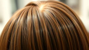 Close-up of healthy scalp with thick, shiny hair strands showing natural hair growth cycle, professional salon photography, warm lighting, no visible text or numbers