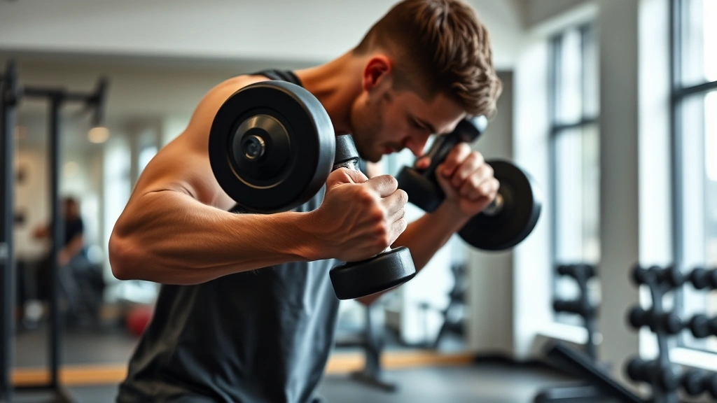 Person doing resistance training with dumbbells in bright gym, demonstrating compound exercise movement, professional fitness photography, no mirrors or reflective surfaces with text