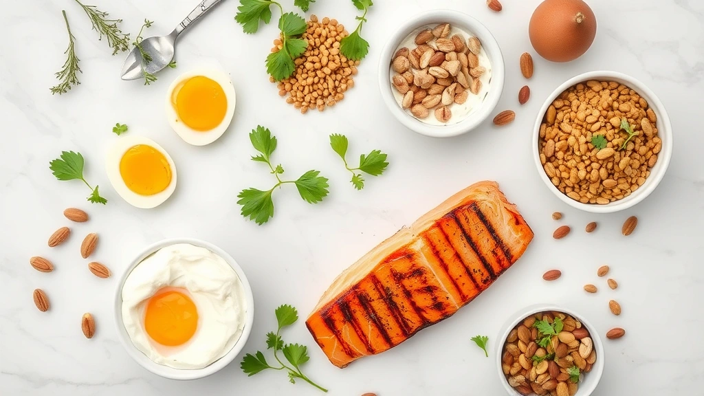 Overhead flat lay of protein-rich foods including grilled chicken breast, salmon fillet, eggs, Greek yogurt, lentils, and nuts arranged on white marble surface with fresh herbs and vegetables, natural daylight