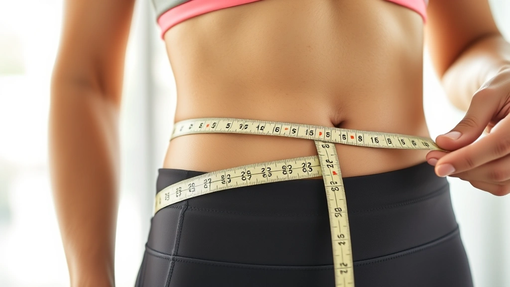 Close-up of a woman measuring her waist with a measuring tape, focused expression, bright natural light, wearing athletic wear, showing health and wellness progress