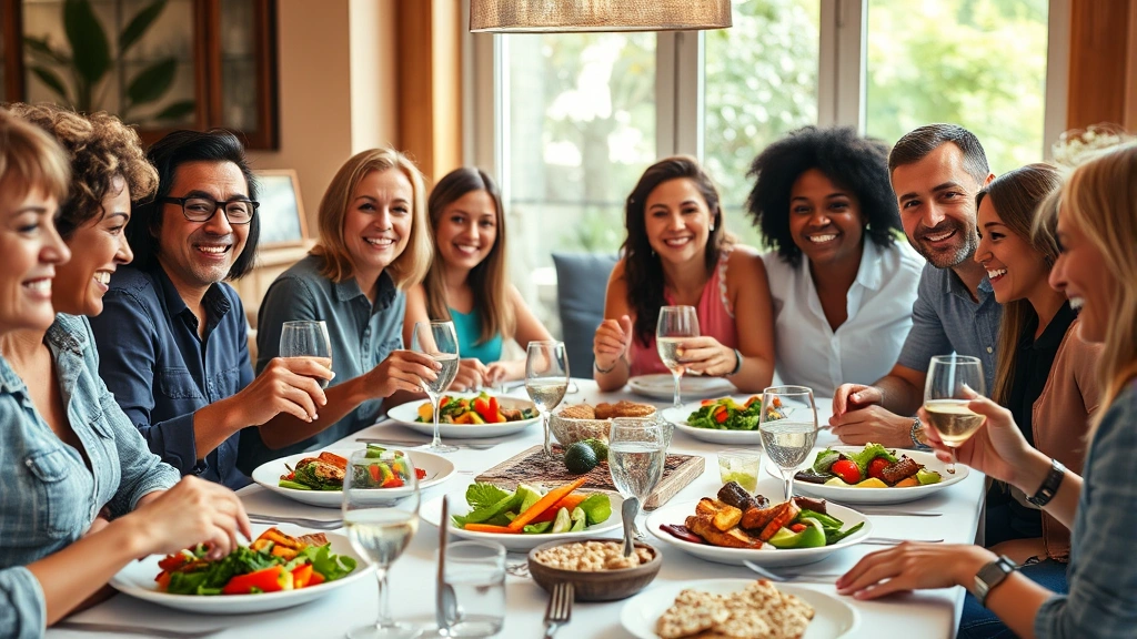 Diverse group of people enjoying a healthy meal together at a dining table with grilled vegetables, lean proteins, whole grains, and water glasses, warm natural lighting, positive atmosphere