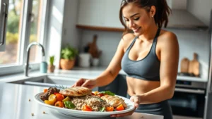 A fit woman in athletic wear preparing a balanced meal with grilled chicken breast, quinoa, and colorful roasted vegetables on a clean white plate in a modern kitchen, natural sunlight streaming through windows, healthy and energetic expression