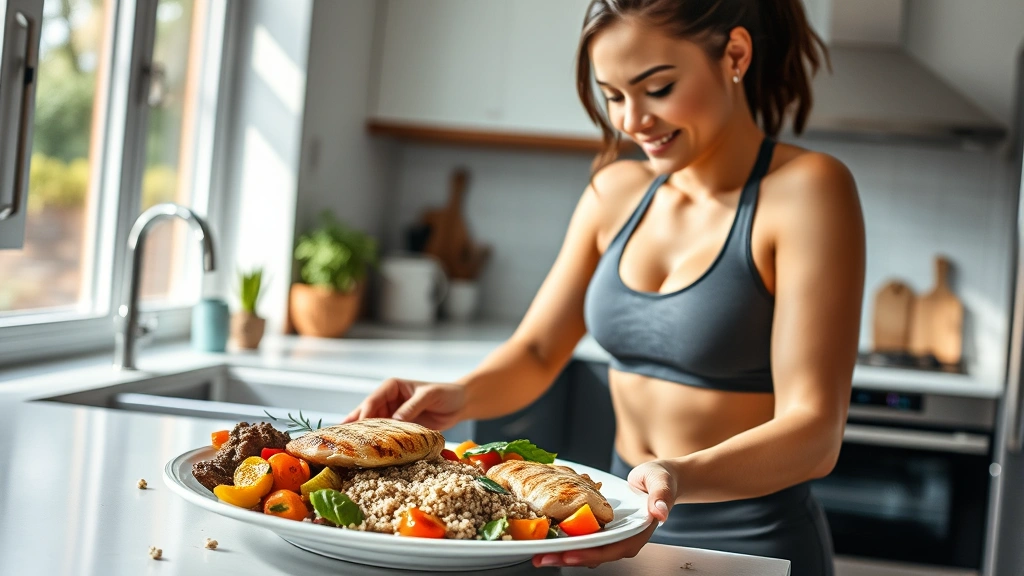A fit woman in athletic wear preparing a balanced meal with grilled chicken breast, quinoa, and colorful roasted vegetables on a clean white plate in a modern kitchen, natural sunlight streaming through windows, healthy and energetic expression