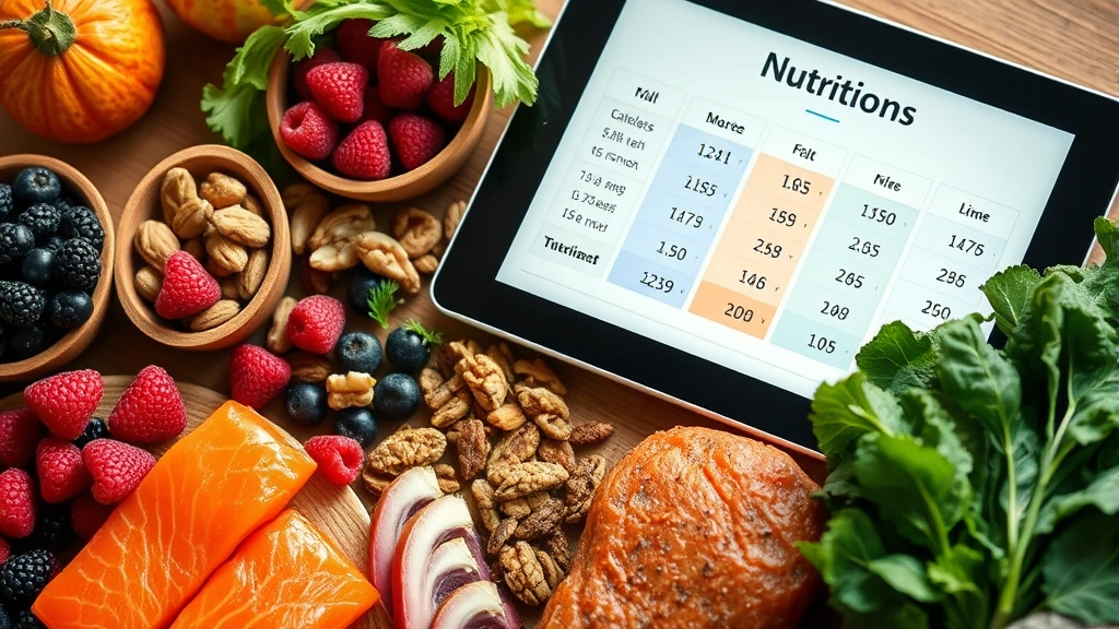 Close-up of a nutritionist's workspace showing a tablet displaying macro nutrient calculations, colorful whole foods including berries, nuts, salmon, and leafy greens artfully arranged around it, professional yet warm wellness setting