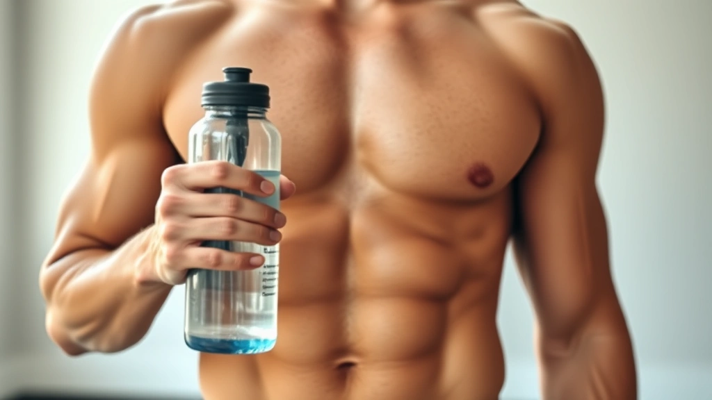 Close-up of a fit person's torso showing muscle definition, holding a water bottle, natural gym lighting, health and fitness focus, no visible face or identifying marks