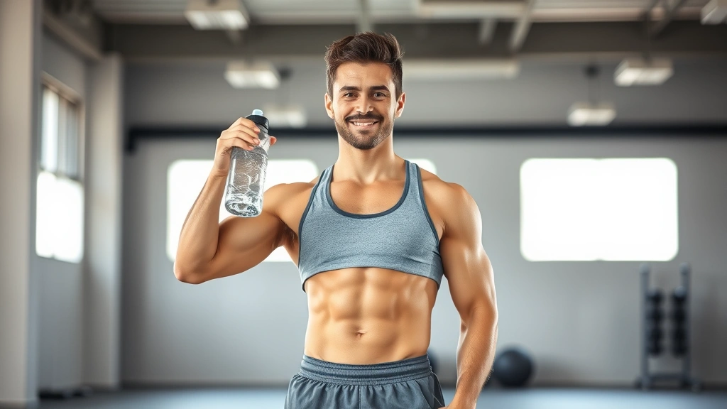 An active person in gym attire holding a water bottle and showing muscle definition, standing confidently in a bright fitness environment with healthy glow, representing the results of proper macro balance and consistent training