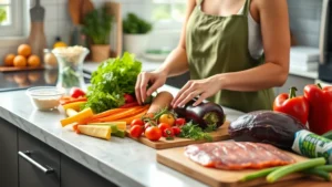 Woman preparing colorful fresh vegetables and lean proteins on a kitchen counter, bright natural lighting, healthy meal prep scene