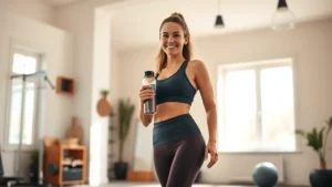 Woman confidently standing in bright, modern home gym holding water bottle, wearing workout clothes, natural sunlight streaming through windows, warm and motivational atmosphere, no visible text or numbers