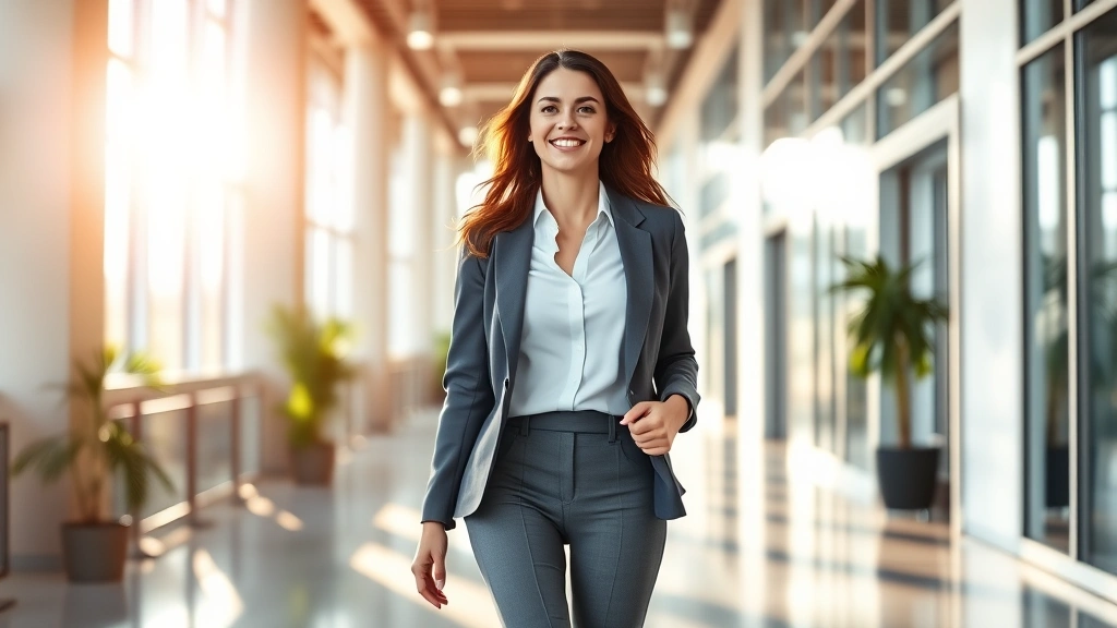 Professional woman in business casual attire confidently walking through a modern office building with natural sunlight streaming through windows, radiating health and wellness, photorealistic