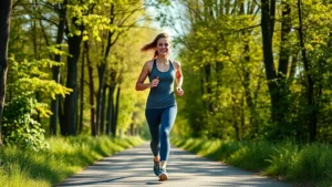 A woman in athletic wear jogging outdoors on a sunny morning path surrounded by green trees, looking confident and healthy, natural lighting with subtle smile