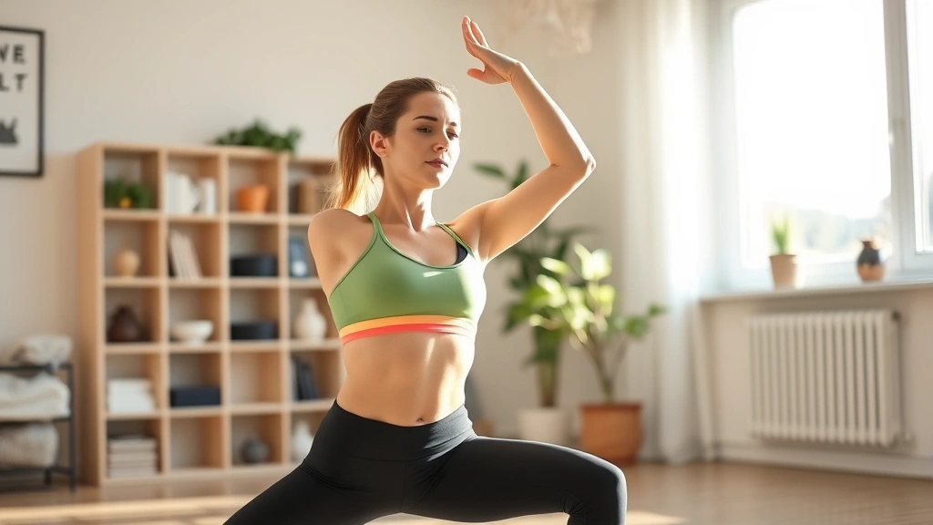 Woman in fitness attire doing yoga or stretching in bright, natural-lit home environment, peaceful and focused expression, showing wellness lifestyle