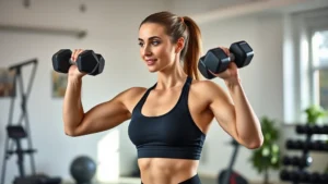 Woman in fitness attire doing strength training with dumbbells in bright home gym, focused and energized, natural lighting