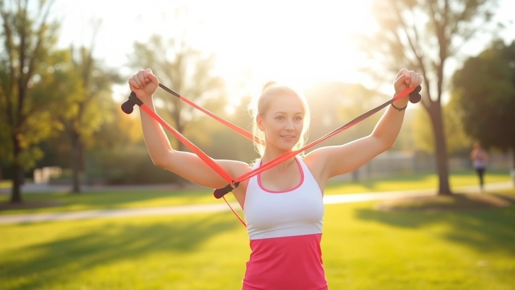 Person exercising outdoors with resistance bands in a park, active lifestyle, morning sunlight, fitness transformation focus