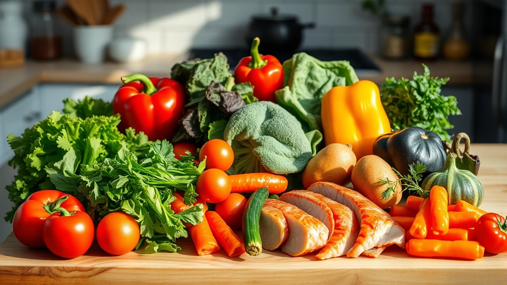 Colorful array of fresh vegetables and lean proteins arranged on wooden cutting board, kitchen setting with natural lighting, vibrant greens, reds, oranges, wholesome and appetizing composition