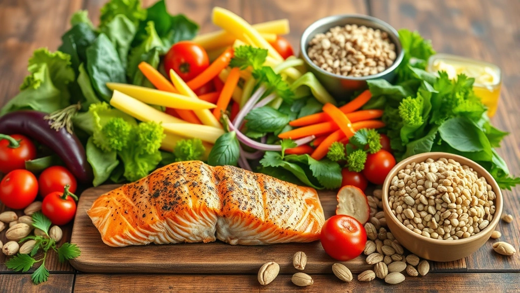 Colorful variety of fresh whole foods on a wooden table including grilled salmon, fresh vegetables, whole grains, and nuts arranged artfully, natural lighting, appetizing and health-focused