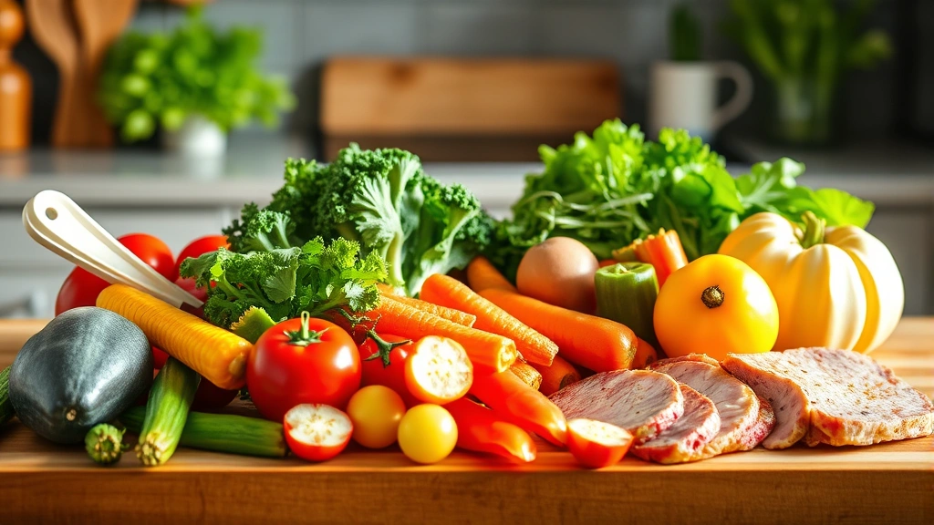 Fresh colorful vegetables and lean proteins arranged on wooden cutting board in natural kitchen lighting, representing healthy meal preparation and nutrition