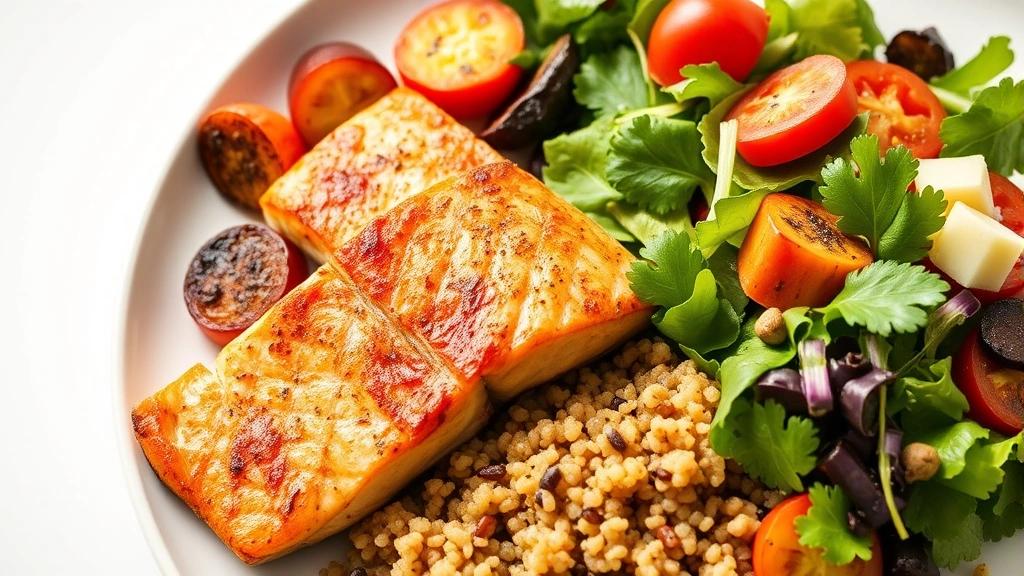 Colorful plate with grilled salmon, roasted vegetables, quinoa, and fresh salad, vibrant and appetizing food photography