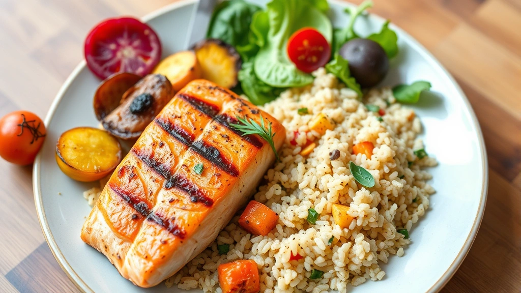 Colorful plate of nutritious whole foods including grilled salmon, quinoa, roasted vegetables, and fresh salad, natural lighting, appetizing presentation for healthy eating