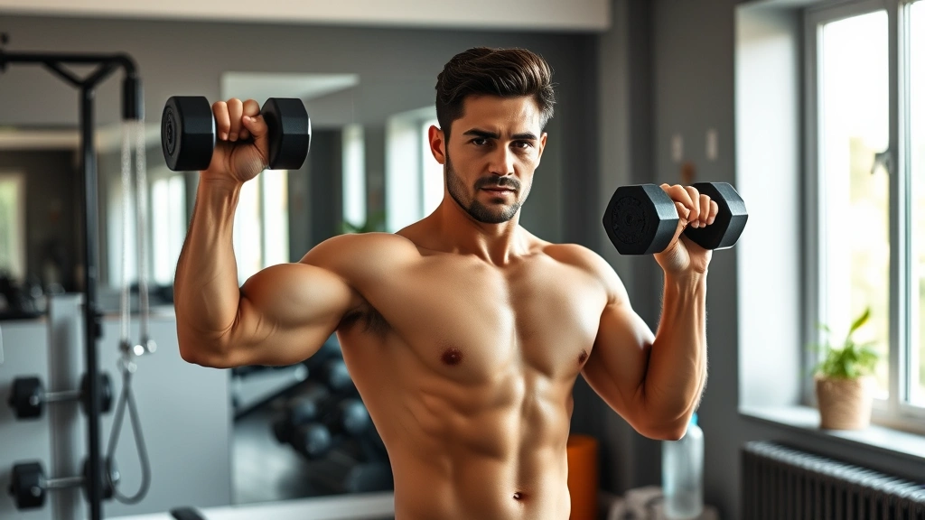 Person doing resistance training with dumbbells in modern home gym, strong posture and engaged expression, natural lighting highlighting healthy physique, water bottle and towel nearby, mid-workout determination
