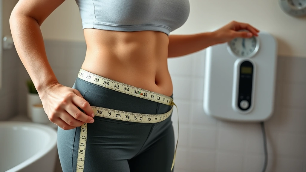 Woman measuring body progress with tape measure and scale, wellness tracking, bathroom setting, health monitoring routine