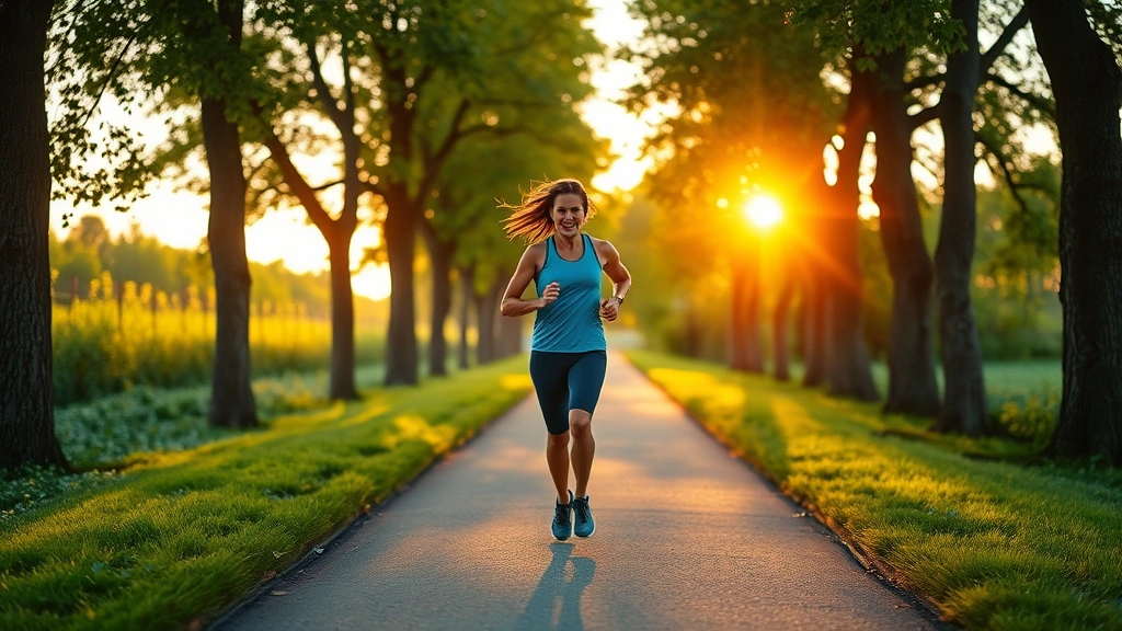 Person jogging outdoors on tree-lined path during golden hour, athletic wear, peaceful natural setting with blurred greenery, motion and wellness focus, inspirational and energetic mood