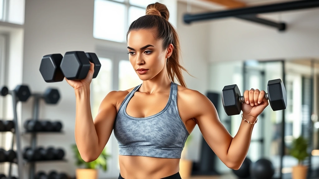 Woman in athletic wear performing strength training with dumbbells in a bright, modern home gym with natural light, focused expression showing determination and fitness commitment