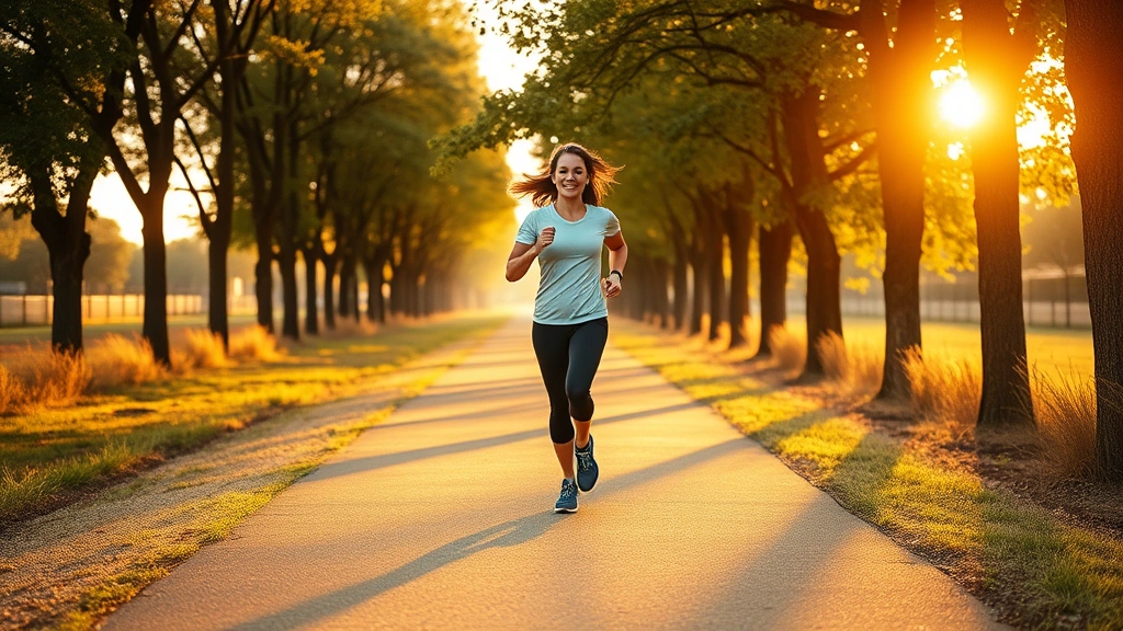 Woman jogging outdoors on tree-lined path during golden hour, active and energized, demonstrating consistent physical activity and outdoor wellness