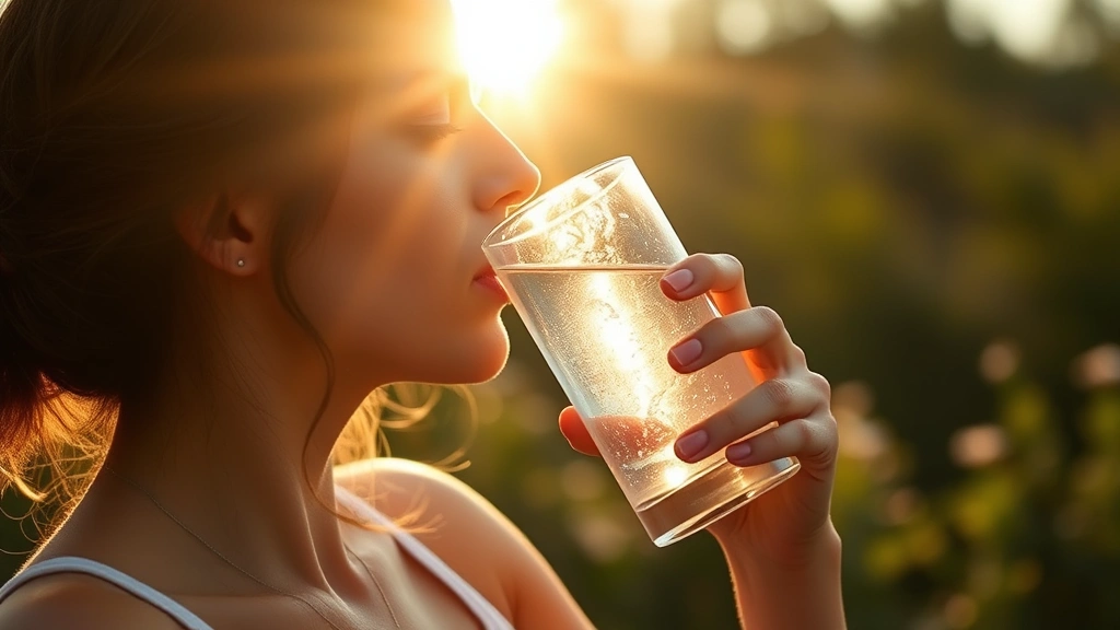 Woman drinking water from glass in morning sunlight, peaceful wellness moment, healthy hydration routine