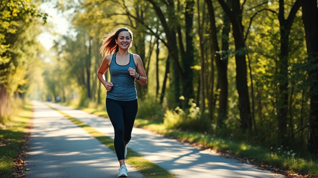 Woman jogging outdoors on sunny morning path surrounded by trees, wearing fitness clothes, smiling, energetic and healthy, peaceful natural environment