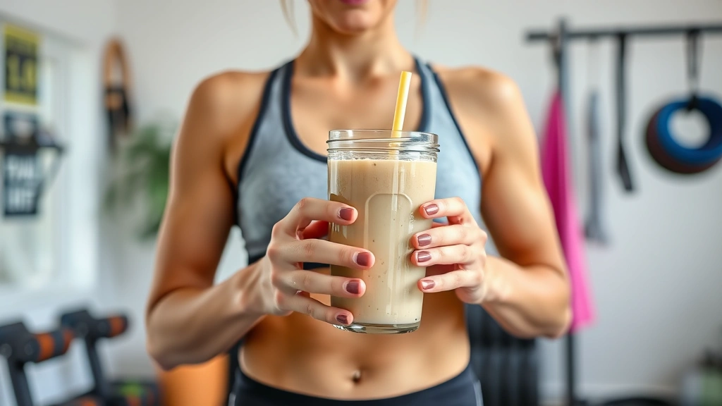 Person in athletic wear holding a meal replacement shake after a workout session in a bright home gym environment, with resistance bands and dumbbells visible, showing healthy lifestyle integration, energetic and motivating atmosphere