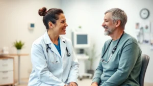 Professional healthcare provider in white coat consulting with patient in bright clinical office setting, patient smiling and engaged during consultation, modern medical equipment visible in background, warm and supportive atmosphere