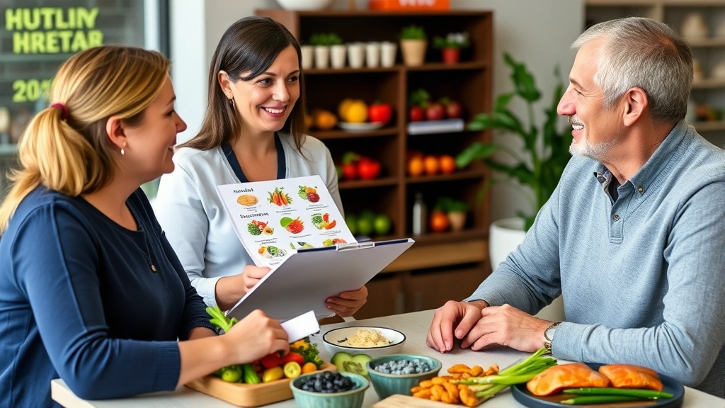 Nutritionist or registered dietitian reviewing colorful healthy meal options and nutrition information with patient, fresh vegetables and lean proteins displayed, clipboard and food models on table, educational and encouraging interaction