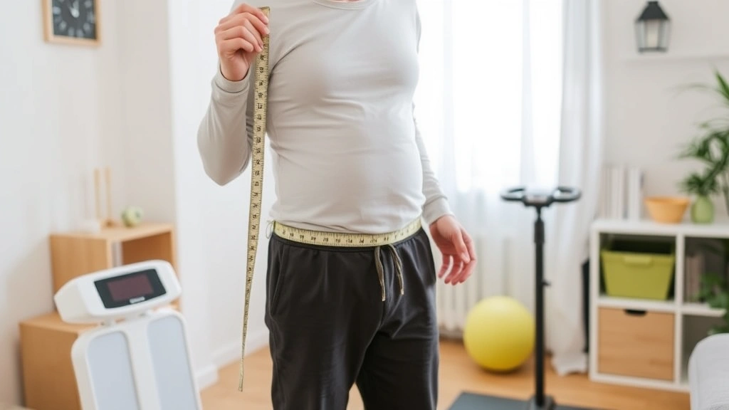 Patient measuring progress with tape measure and scale, standing confidently in home environment, healthy lifestyle elements visible like water bottle and exercise equipment nearby, positive body language showing achievement and wellness