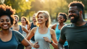 Close-up of diverse group of people exercising together outdoors in a park, smiling and energized, morning sunlight, healthy lifestyle, photorealistic, wellness-focused
