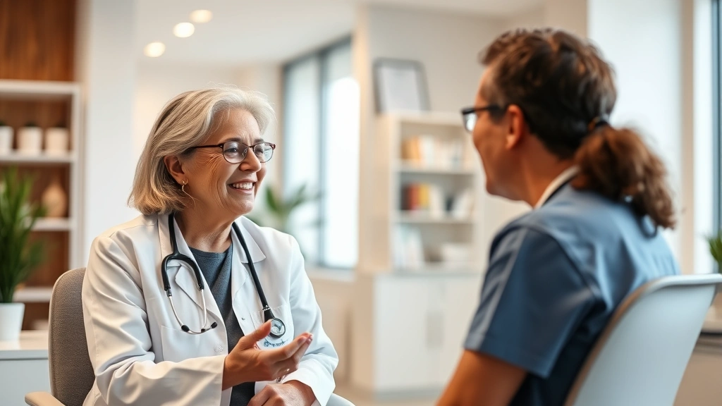 Healthcare professional having supportive conversation with patient in modern medical office, discussing health options, warm lighting, professional environment, trust-building interaction