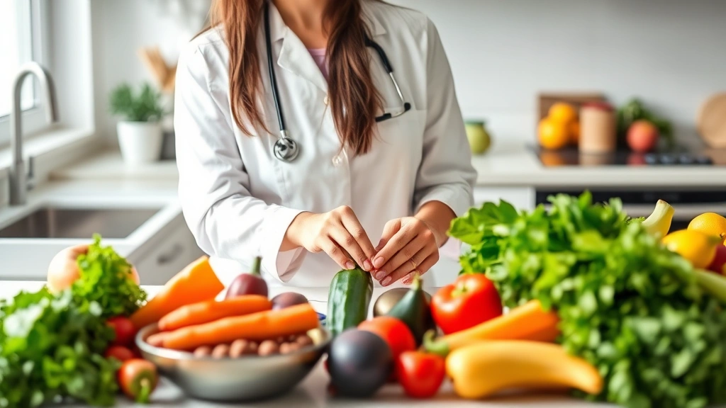 Registered dietitian preparing fresh colorful vegetables and healthy meal ingredients on kitchen counter, natural lighting, nutritious food preparation, wellness and healthy eating