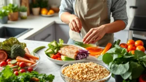 Person preparing healthy meal with fresh vegetables, lean protein, and whole grains on modern kitchen counter, natural lighting, vibrant colors, realistic food preparation scene