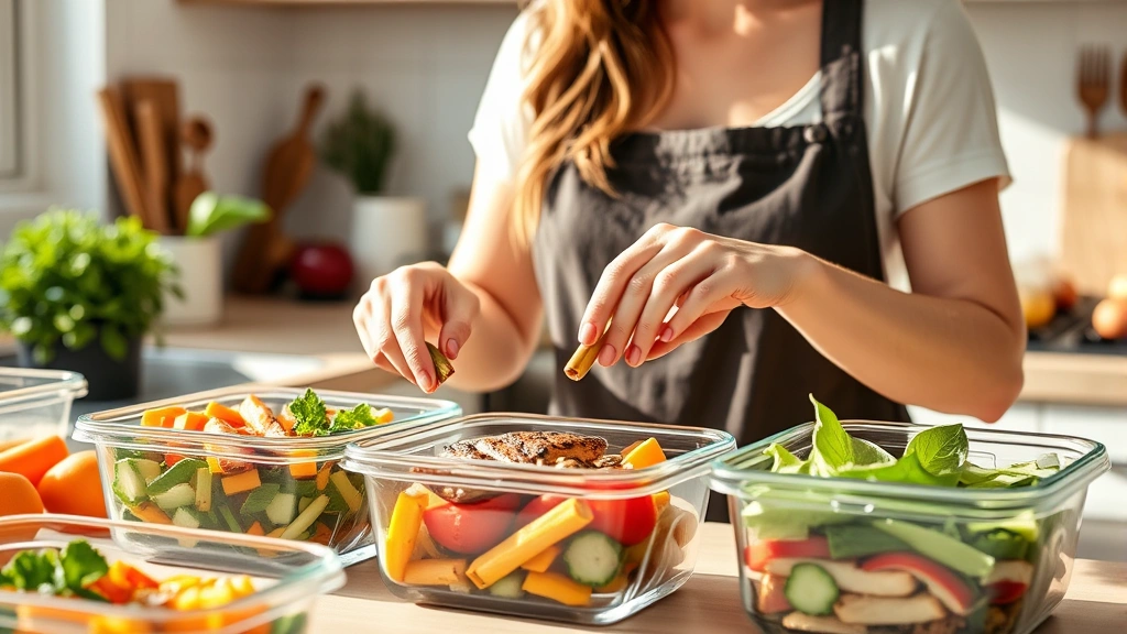 Woman meal prepping colorful vegetables and grilled chicken in glass containers, bright kitchen setting, natural sunlight, healthy food preparation