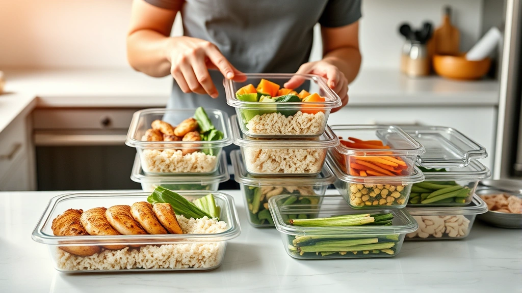 Person meal prepping healthy proteins and vegetables in modern kitchen, organized containers with grilled chicken, rice, and fresh vegetables, natural daylight, warm professional photography